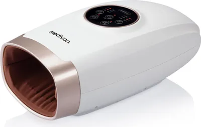 A white and rose gold hand massager is shown on a white background.
