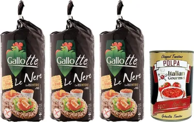 Produktbild von 3x Riso Gallo Gallotte Le Nere,Vollkornkuchen aus Schwarzem Reis und Mais,Packung mit 100g + Italian Gourmet Polpa di Pomodoro 400g Dose