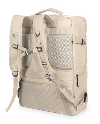 The back view of a beige backpack.