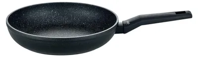 A black frying pan with a speckled interior and a black handle is shown against a white background.