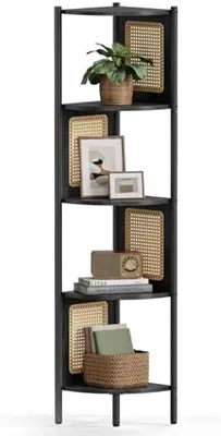 Produktbild von PolkaHome® Eckregal mit 5 Böden und Rattan-Design - Modernes Standregal für Wohnzimmer, Schlafzimmer oder Büro - 31,9 x 31,9 x 156,4 cm