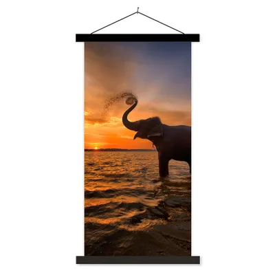 Produktbild von MuchoWow® Textilposter Elefant - Meer - Tiere - Sonnenuntergang - Orange 40x80 cm mit schwarzem Rahmen - Wandemalerei