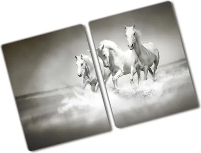 Produktbild von Tulup Glas Herdabdeckplatte - 2x40x52 cm - Glaskeramikkochfeld-Abdeckung Spritzschutz Glasabdeckplatte Kochplattenabdeckung und Schneidebrett - Zweiteilig - Tiere - Weiße Pferde - Weiß