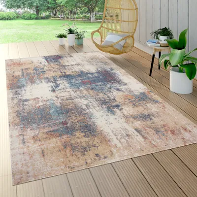 Produktbild von Outdoor Teppich Wetterfest Balkon Wohnzimmer Küche Vintage Abstrakt Beige Blau Grösse 160 cm Rund