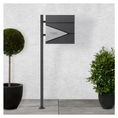 Produktbild von Standbriefkasten mit Zeitungsfach, Design Briefkasten mit Pfosten, Briefkastenanlage, Briefkastenständer Anthrazit 120 cm Edelstahl, Postkasten Anthrazit-Silber Edelstahl pulverbeschichtet