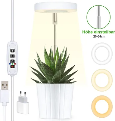Obrázek produktu pro LED lampa pro rostliny s plným spektrem nastavitelná výška 20-64 cm otočná, LED rostoucí lampa stmívatelná časovač, rostoucí lampa skleník pro pokojové rostliny, USB kabelový adaptér