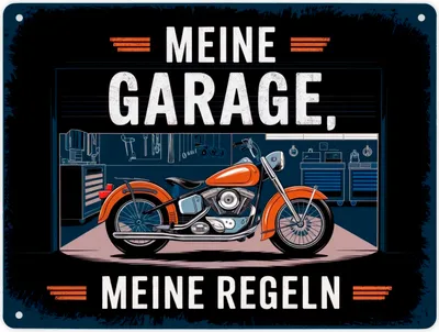 Produktbild von Vintage-Garage Motorrad Metallschild XL in 21x28 cm - Meine Garage meine Regeln