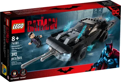 The image shows the retail packaging of a LEGO set featuring the Batmobile and The Penguin.