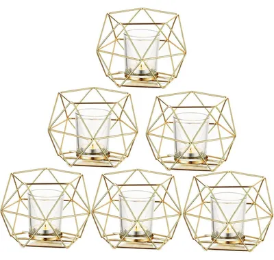 Immagine prodotto di Portacandele in metallo dorato, set da 6, design geometrico moderno, altezza 10 cm