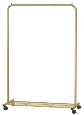 Obrázok produktu pre Vešiak na oblečenie na kolieskach s odkladacou plochou a 2 brzdnými kolieskami | Zlatá farba | 91 x 40,5 x 158 cm