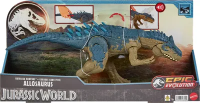 A toy dinosaur in its retail packaging.