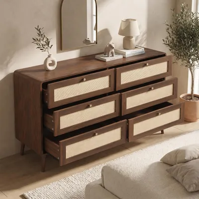 Productafbeelding van MODFU Kommode met 6 lades, dressoir 120 cm, slaapkamerkommode, buffetkast met rattanlook en walnoothout, opbergkast met afgeronde hoeken
