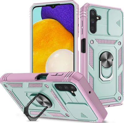 Produktbild von Galaxy A13 5G Hülle, Schiebe Kamera Schutz Robust Schutzhülle mit Ringhalterung Ständer Kartenhalter für Samsung Galaxy A13 5G hellgrün