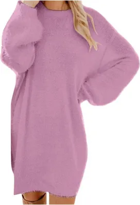 Image de ASKSA Pulloverkleid Damen Oversized Strickkleid Winterkleid Damen Langarm Rundhals Pullover Herbstkleid Einfarbig Sweatkleid,Violett,XL