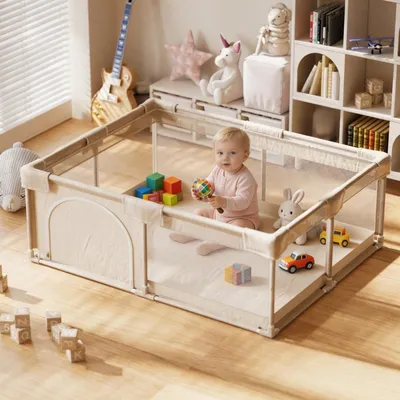 Produktbild von Koonmi Laufstall Baby 150x180 cm Faltbarer Laufgitter mit – für Babys & Kleinkinder, zusammenklappbarer Spielkäfig für Innen und Außen – Hellgrau