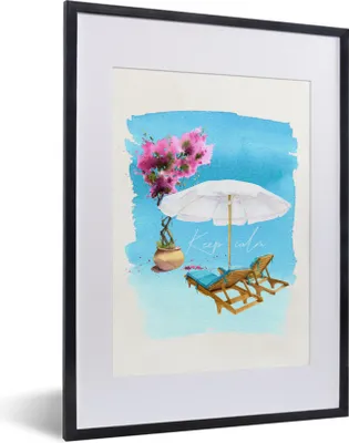 Produktbild von MuchoWow® MuchoWow® Gerahmtes Poster Strandkorb - Blumen - Sonnenschirm - Zeichnung 30x40 cm - Poster mit zchwarzem Bilderrahmen - Wandposter Schlafzimmer