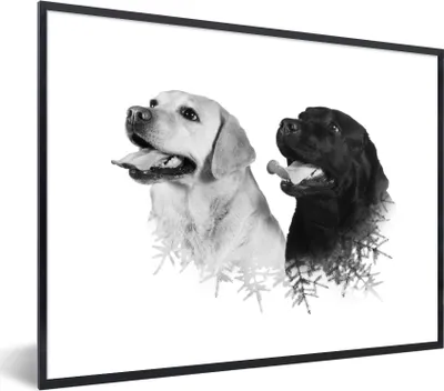 Produktbild von MuchoWow® MuchoWow® Gerahmtes Poster Hund - Zweig - Schwarz - Weiß 40x30 cm - Poster mit zchwarzem Bilderrahmen - Kunstposter - Wanddekorationen