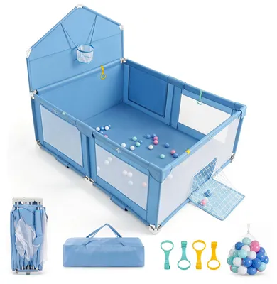 Productafbeelding van COSTWAY Babyloop met afmetingen 223 x 150 cm, geschikt voor kinderen van 0-3 jaar, inclusief basketbalring, voetbalnetten, 50 speelballen, net en draagtas, blauw