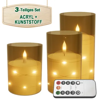 Immagine prodotto di Set di 3 candele LED senza fiamma, con stoppino 3D in acrilico, decorazioni a forma di stelle, telecomando, timer, colore oro