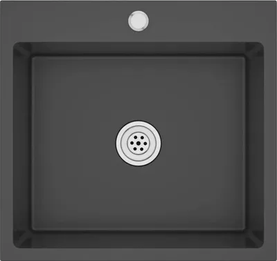 A top-down view of a dark gray sink with a silver drain in the center and a silver faucet button at the top.