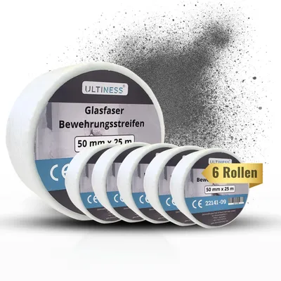 Produktbild von Ultiness Glasfaser Bewehrungsstreifen 50 mm x 25 m - Fugendeckstreifen & Fugenband für Trockenbau - 6 32481-25