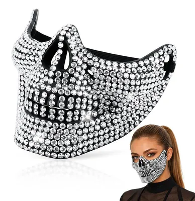 Produktbild von Totenkopf Maske Damen, Halloween Skelettmaske mit Strass & 3D-Design, Glitzer-Halbmaske für Erwachsene, mit elastischem Band, für Party & Club