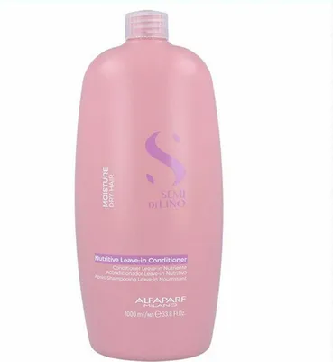 A pink bottle of Alfaparf Milano Semi Di Lino Moisture Nutritive Leave-In Conditioner against a white background.
