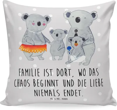 Produktbild von Mr. & Mrs. Panda Kissen 40x40 Koala Familie - Grau Pastell - Geschenk, Koalas, Dekokissen, für sofa, bedruckt, Papa, wohnzimmer, Sofakissen, Muttertag, Family