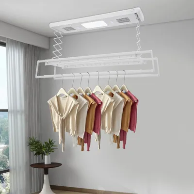 Produktbild von Elektrischer Wäscheständer - Wand- und Deckenmontage - 155 x 60 cm - Fernbedienung - 220 V - Ausziehbar - Klappbar - Metallrahmen - Weiß