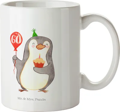 Produktbild von Mr. & Mrs. Panda Tasse 60. Geburtstag Pinguin Luftballon - Weiß - Geschenk, Happy Birthday, Pott, Trinkbecher, Party, Geburtstage, Becher, Kaffeetasse, Keramiktasse