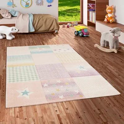 Produktbild von Kinder Teppich Maui Kids Pastell Rosa Türkis Karo Stars, Größe:80x150 cm