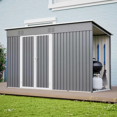 Imagen del producto de AIORBER - Caseta de jardín metálica, 311x123x181 cm. Cobertizo de jardín con doble puerta, cerradura, ventilación, resistente a la intemperie, acero galvanizado y estructura reforzada. Color gris