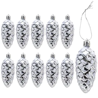 Immagine prodotto di Decorazioni natalizie a forma di pigna, glitterate, color argento, set da 10