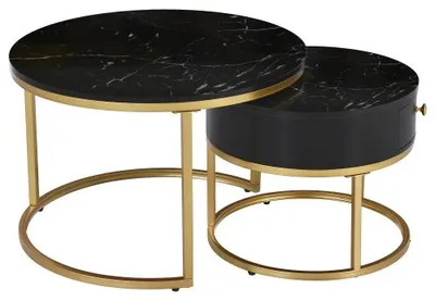 Produktbild von 70x70x48cm Schwarz Moderner Nesting Couchtisch Hochglanz Marmormuster 2er Set Runde Beistelltische