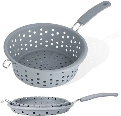 Produktbild von Unyqoos® Faltbares Küchensieb aus lebensmittelechtem Silikon & Edelstahl, hitzebeständig bis 200 °C, Ø 21 cm, Griff 12,7 cm, platzsparend, spülmaschinengeeignet