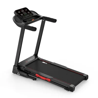 A black and red treadmill is shown against a white background.