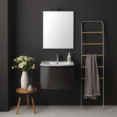 Produktbild von Hängendes graues glänzendes Badezimmermöbel 61 cm mit Waschbecken und Spiegel | Riva
