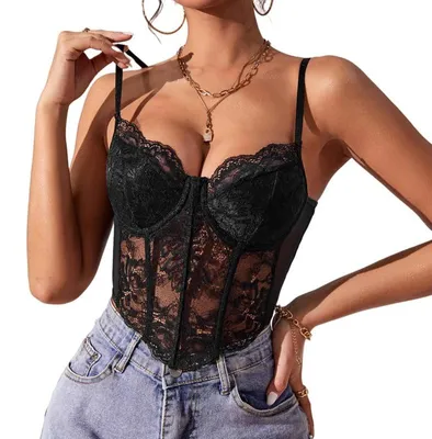 Immagine prodotto di Haibang - Canotta corta da donna, in pizzo, sexy, con spalline sottili, scollatura a V e taglio che lascia scoperto l'addome