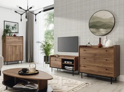 Produktbild von Vintage Wohnzimmer Möbel Set in Eiche Nb. VAREDO-132 Highboard, Lowboard, Kommode und Couchtisch