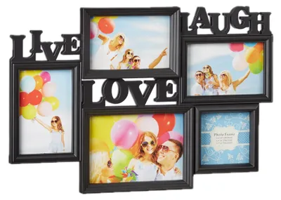 Produktbild von 4 x Bilderrahmen Live Love Laugh, für 5 Bilder verschiedener Größen, 3D Collage mehrere Fotos, HxB: 31x45,5 cm, schwarz