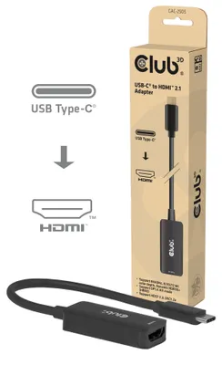 Produktbild von CLUB3D USB-C® zu HDMI™ 2.1 Adapter 8K60Hz, 0,12 m, USB Typ-C, HDMI + USB, Stecker, Buchse, Schwarz