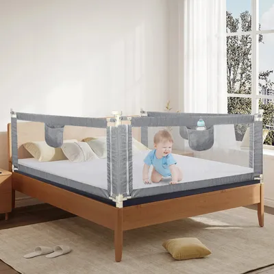 Produktbild von 3 Seiten 200cm Baby Bettgitter Einziehbare Babybettgitter Kinder Bettgitter Bettschutzgitter Höhenverstellbar Rausfallschutz für Bett grau