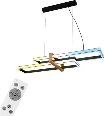 A modern LED pendant light with a black frame and wood accents, shown with a remote control.