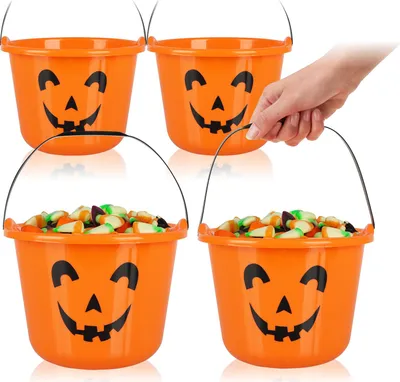 Produktbild von com-four® 4x Halloween Kürbis Eimer - Kunststoff-Eimer im Kürbis-Design zum Sammeln von Süßigkeiten - Süßigkeiten Tasche mit Henkel für Halloween, Kürbis Candy Bag