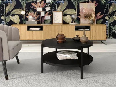 Produktbild von Couchtisch SIGMA B, Tisch mit zwei Tischplatten, runder Kaffeetisch mit Metallgestell (Farbe: Schwarz)