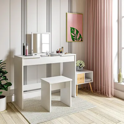 Produktbild von WOLTU Schminktisch Kosmetiktisch mit Hocker und klappbar Spiegel, Hochglanz Tischplatte,Schreibtisch 100x45x76cm,  Weiß