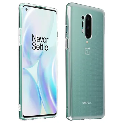 A clear product shot of a phone case for a OnePlus 8 Pro, showing both the front and back of the phone within the case.