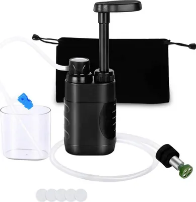 A portable water filter with a pump, a clear cup, a storage bag, and filter discs.