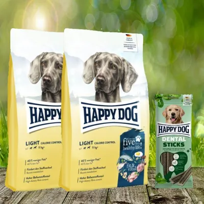 Immagine prodotto di Happy Dog Fit & Vital Light, alimentazione controllata per cani, 2 sacchi da 12 kg + Happy Dog Dental Sticks (omaggio)