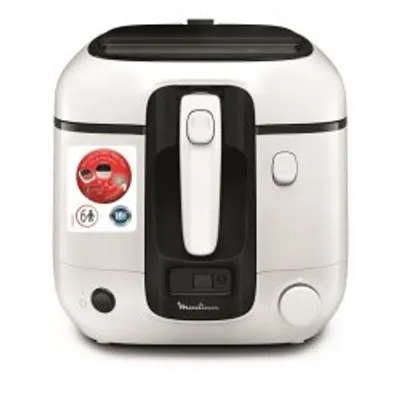 A white and black deep fryer on a white background.